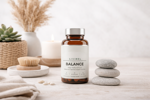 LIVIBEL Balance supplement bottle displayed with spa stones, succulent plant, and brush on neutral background, wellness and self-care lifestyle
