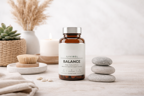 LIVIBEL Balance supplement bottle displayed with spa stones, succulent plant, and brush on neutral background, wellness and self-care lifestyle
