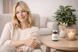 Woman in cream knit sweater sitting on gray sofa with LIVIBEL Balance supplement bottle on wooden table, green plant and candle in background, home wellness lifestyle