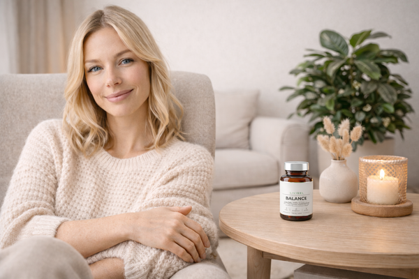Woman in cream knit sweater sitting on gray sofa with LIVIBEL Balance supplement bottle on wooden table, green plant and candle in background, home wellness lifestyle