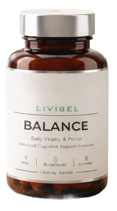 LIVIBEL Balance supplement bottle with white and brown label, 30 capsules, Daily Vitality and Focus formula