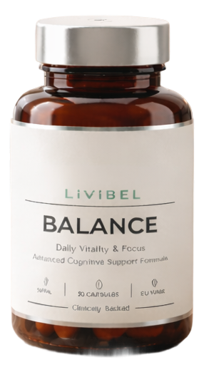 LIVIBEL Balance supplement bottle with white and brown label, 30 capsules, Daily Vitality and Focus formula